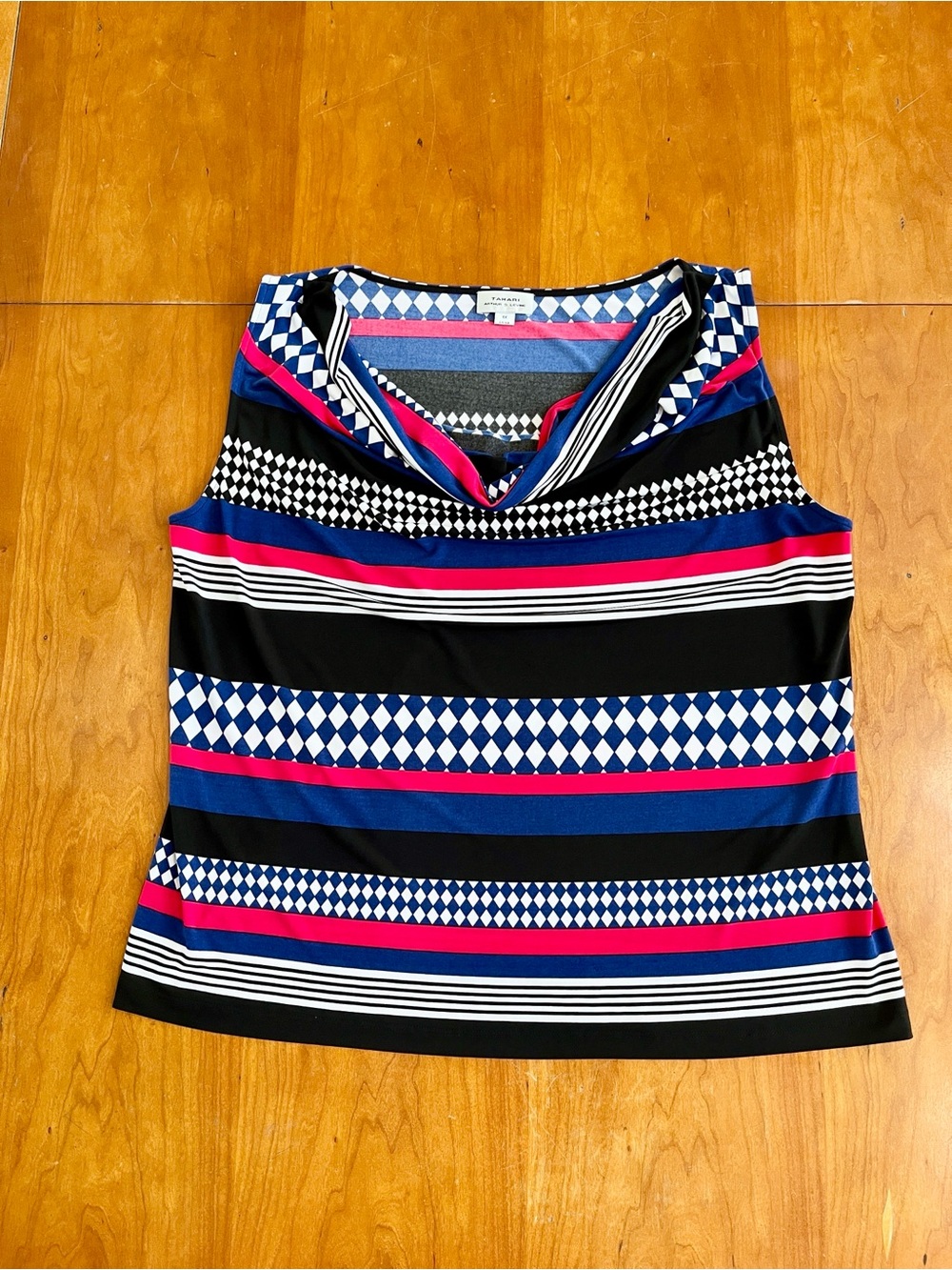 Tahari Arthur S. Levine Sleeveless Drape Neck Stripe Tank Top, Navy, Black & Red